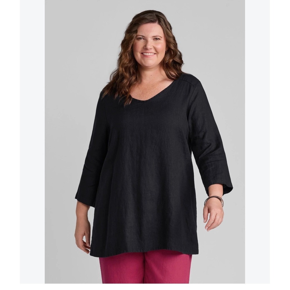 FLAX Dreamy Top Linen Pullover Black V Neck Tunic S Minimalist Capsule Essential
